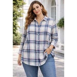 NWT Untuckit Womens De Toren Flannel Plaid Button Up Shirt White Pink Blue SZ 18